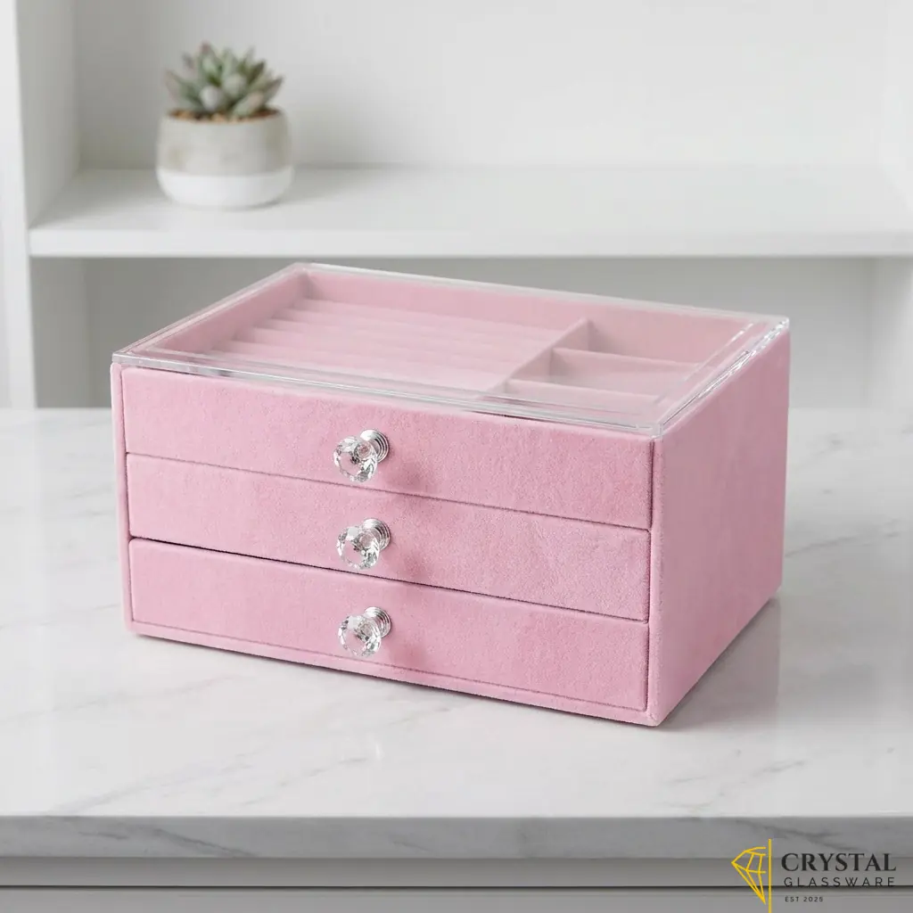 Acrylic jewelry organizer with three pink velvet drawers
